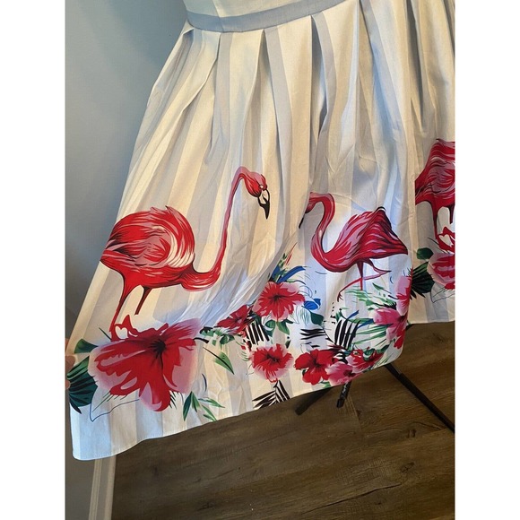Sleeveless Pink Flamingo Blue White Stripe Fit Flair Retro Style Dress NWT Med - Picture 2 of 5